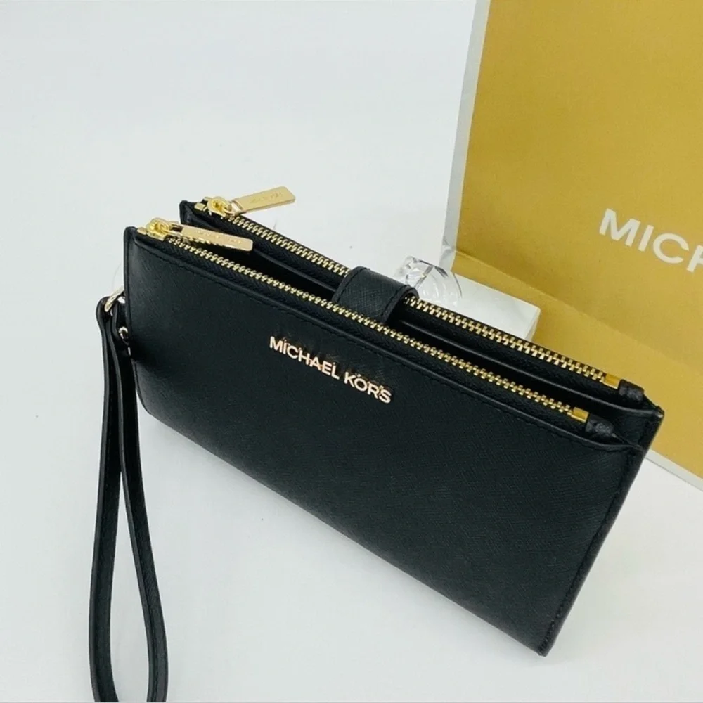 Michael Kors Large Double Zip Wallet Wristlet Black Leather